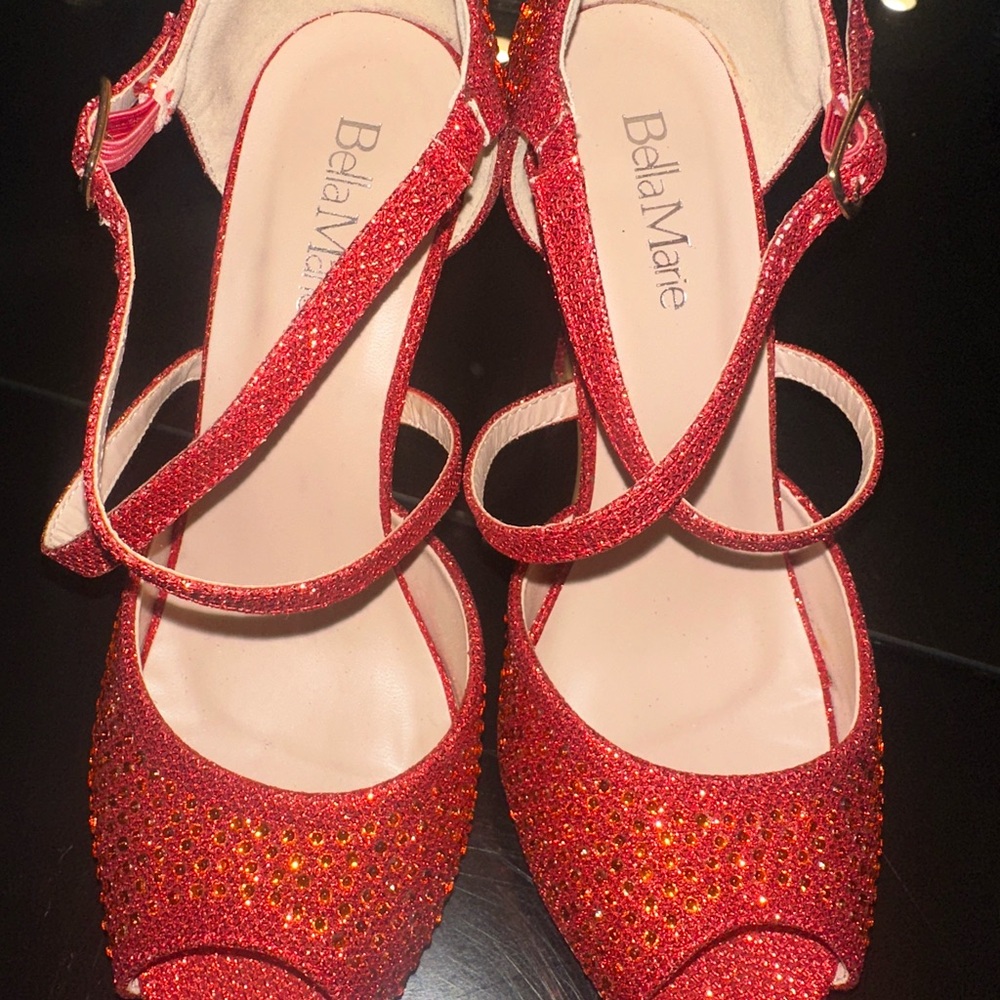 Bella Marie Women's Sparkling Red, peep-toe pump, rhinestone glitter